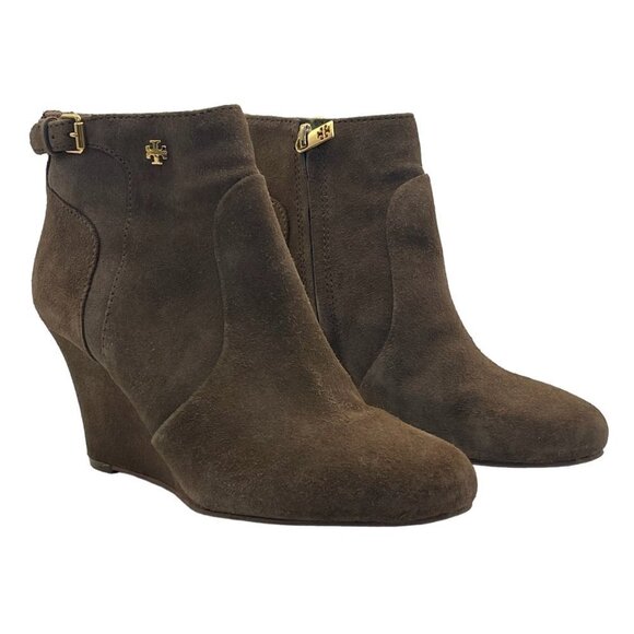 TORY BURCH Leather Milan Wedge Bootie Belted Gold Logo Size 7.5 - Picture 1 of 13